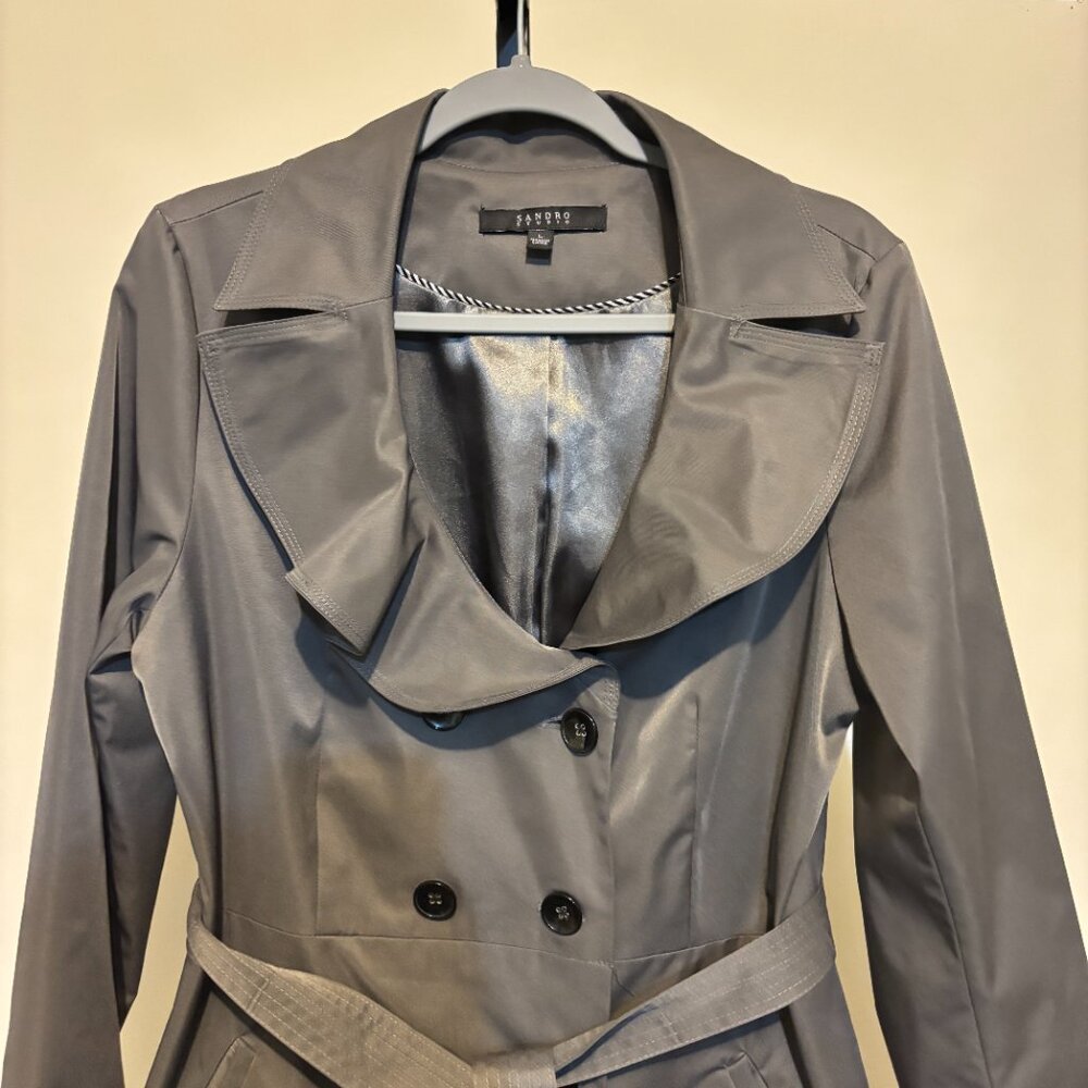 Sandro Studio Gray Ruffle Double Breasted Belted … - image 3